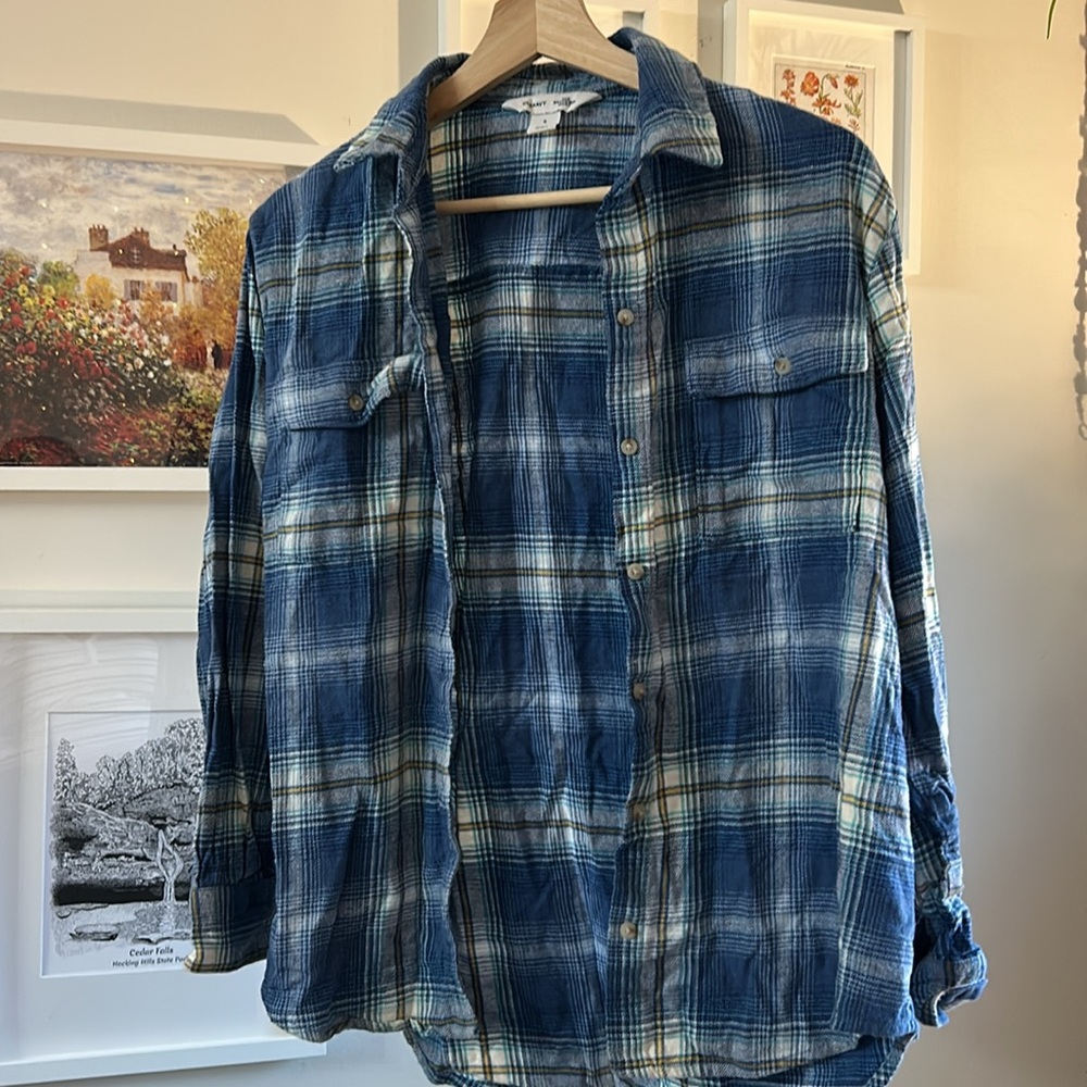 Old Navy Blue Plaid Flannel Button Up Button Down Cotton Fall